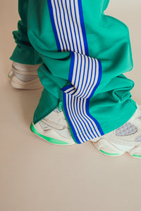 Green Track Pants blue ribbon creme stripes