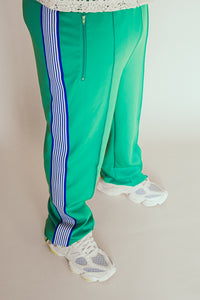 Green Track Pants blue ribbon creme stripes